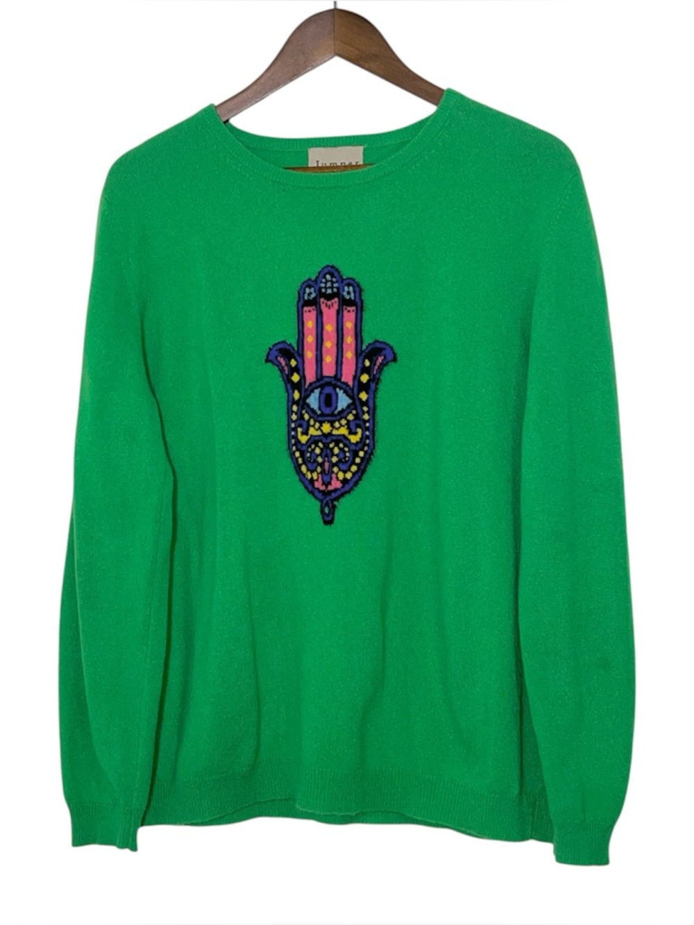 Jumper 1234 Green Cashmere Hamsa Evil Eye Crew Neck Sweater
